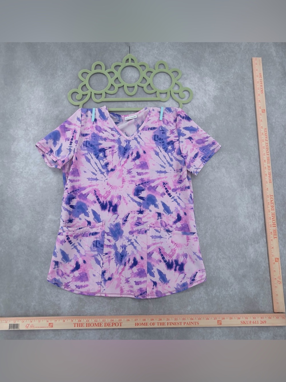 Scrubstar Lavender and Pink Tie-Dye V-Neck Scrub Top small